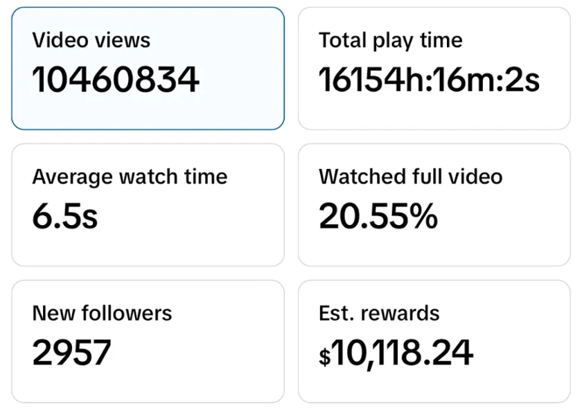 TikTok key metrics: 10,460,834 views, $10,118.24 estimated rewards
