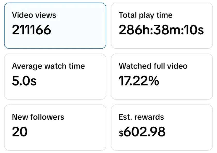 TikTok key metrics: 211,166 views, $602.98 estimated rewards